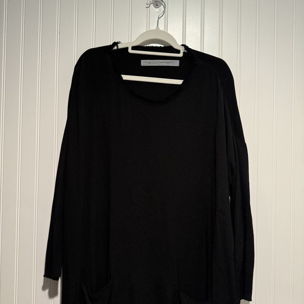 Raquel Allegra Black Raw Edge Crepe Tunic Dress Front Pockets Lagenlook XS - Picture 3 of 7